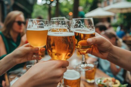 3 amis levant leurs chopes de bière pour trinquer