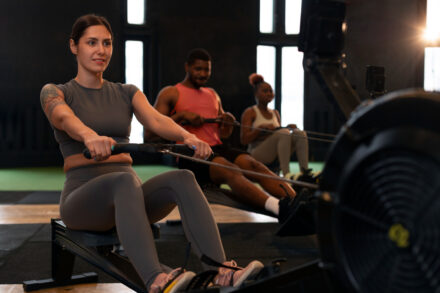 personnes faisant du rameur en salle de sport
